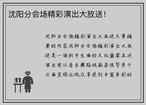 沈阳分会场精彩演出大放送！